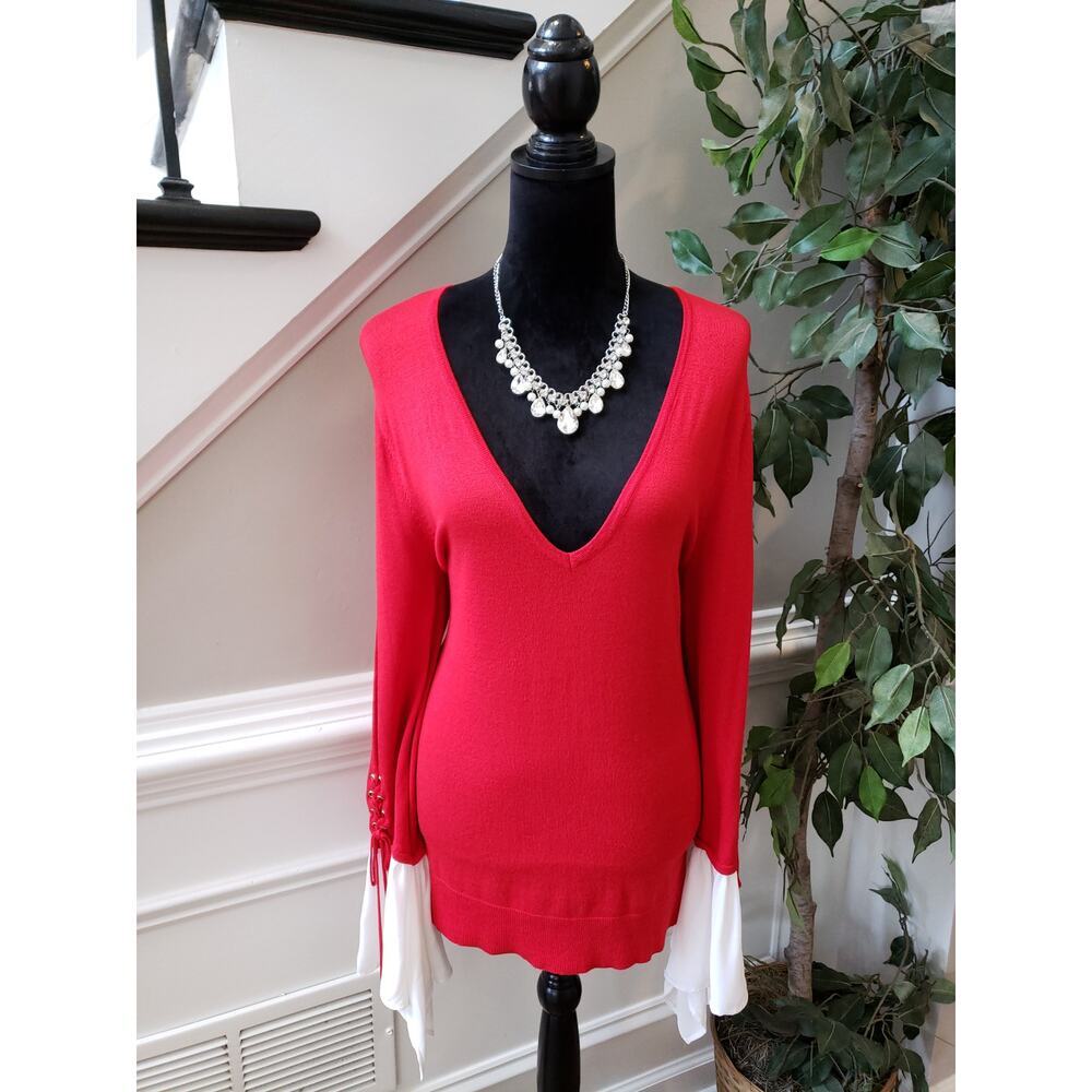 Women's 7th Avenue Red Deep V Sweater Large‎ White Cuff Tie Sleeve Pullover